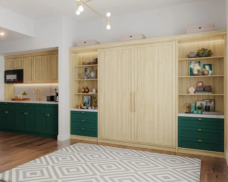 Closed wall bed with green drawers