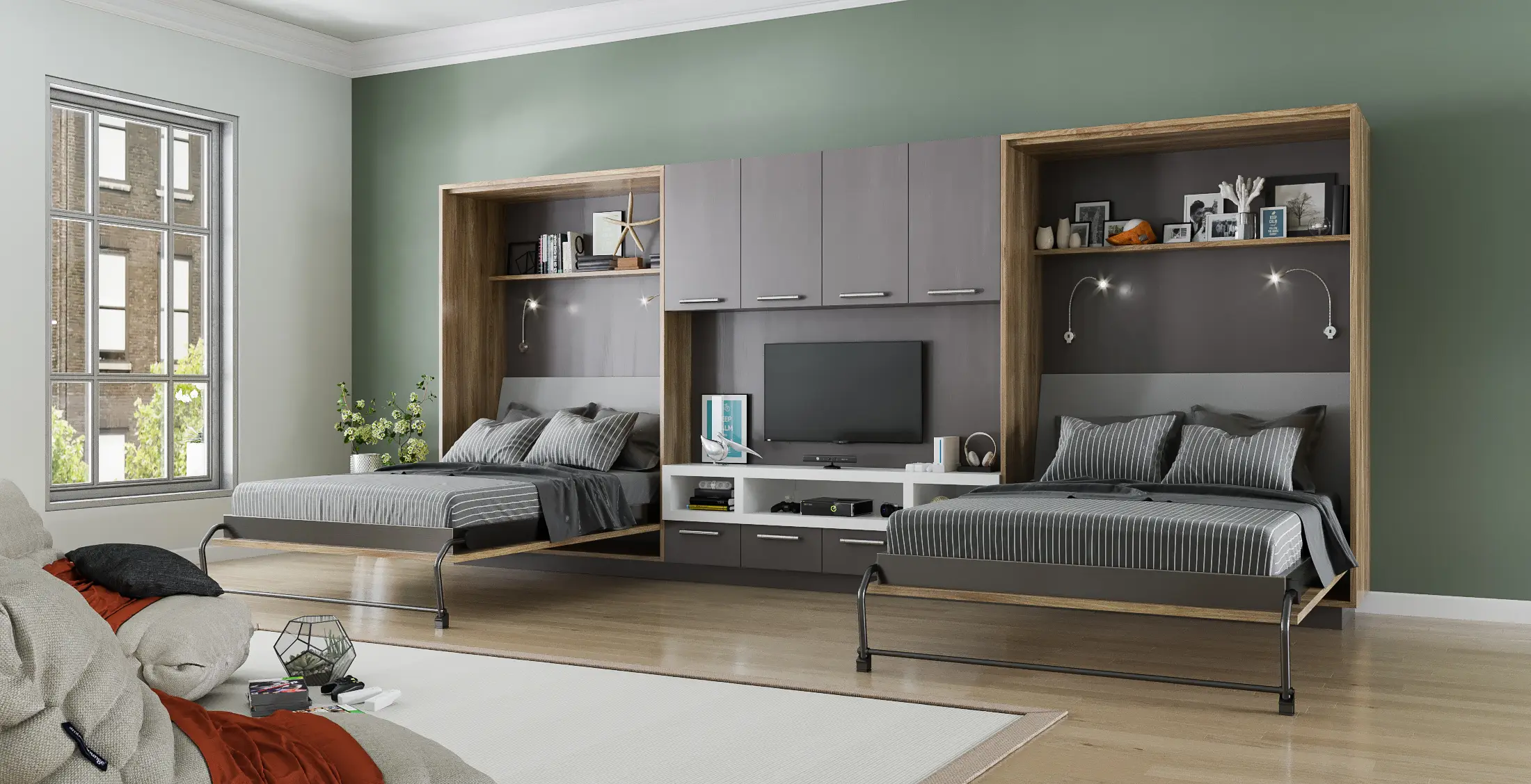 open custom two toned wall bed