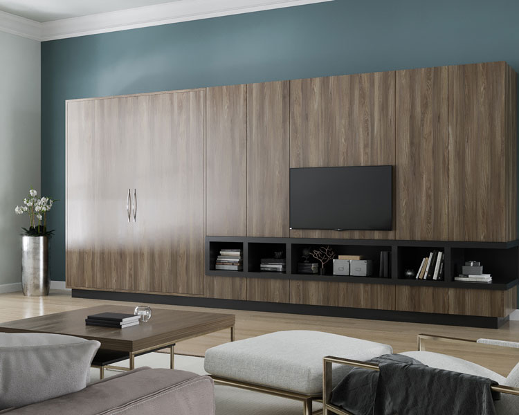 closed wall bed with an entertainment center