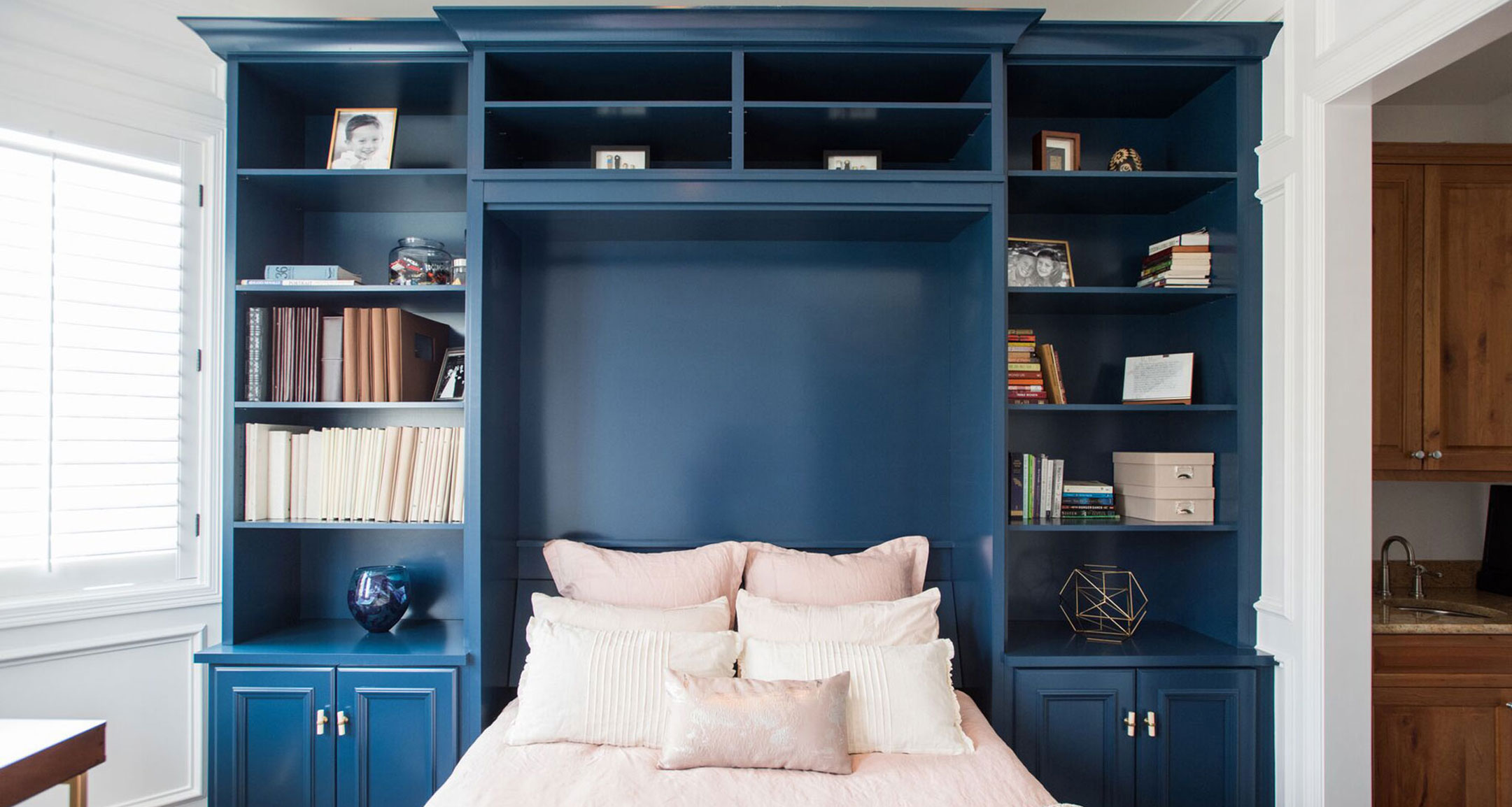 Custom blue wall bed open