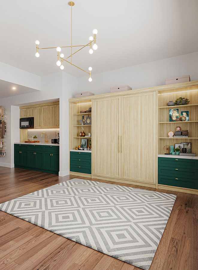 studio apartment with murphy bed in wood look and green melamine