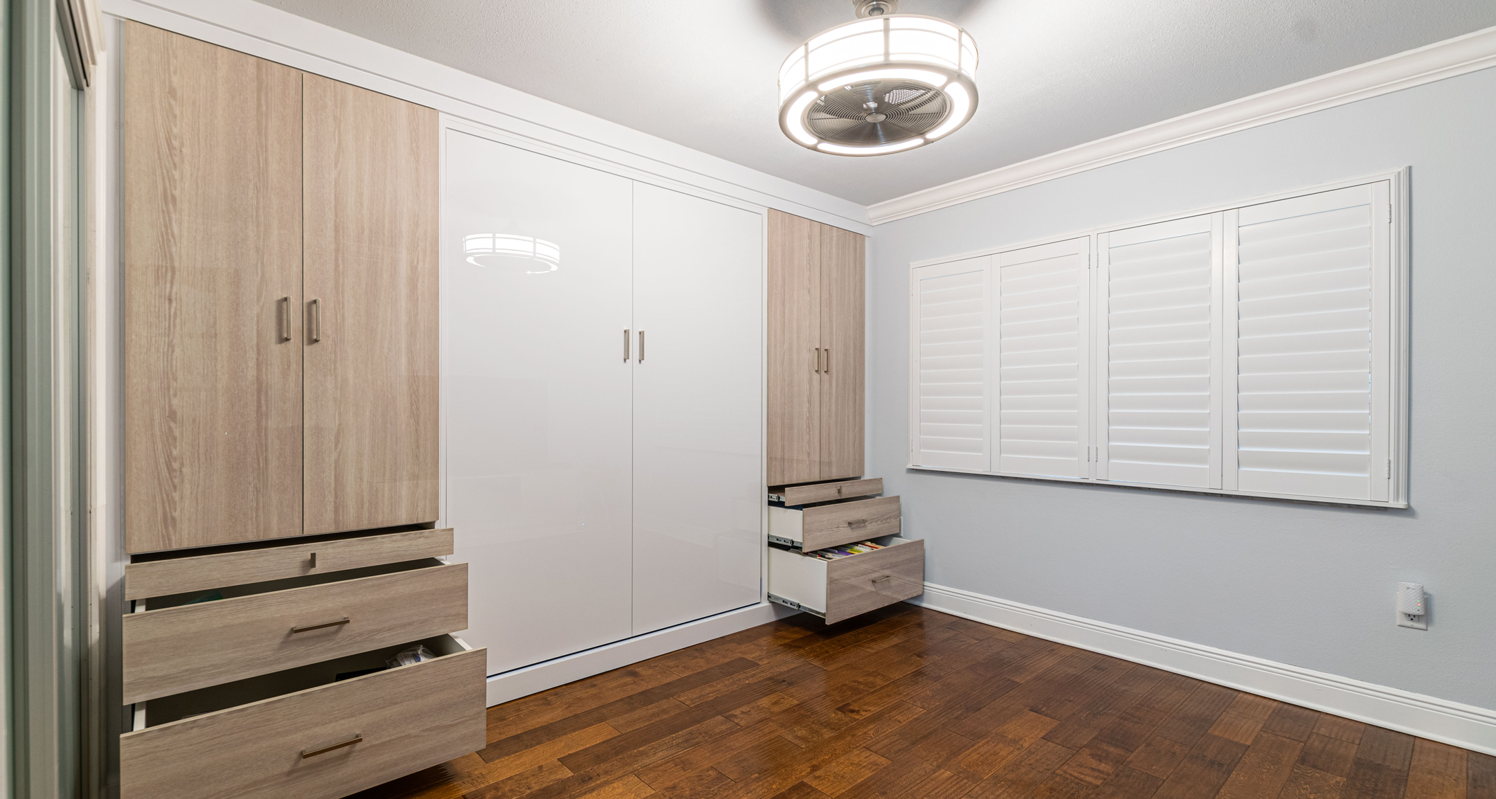 custom white with light brown murphy bed closed