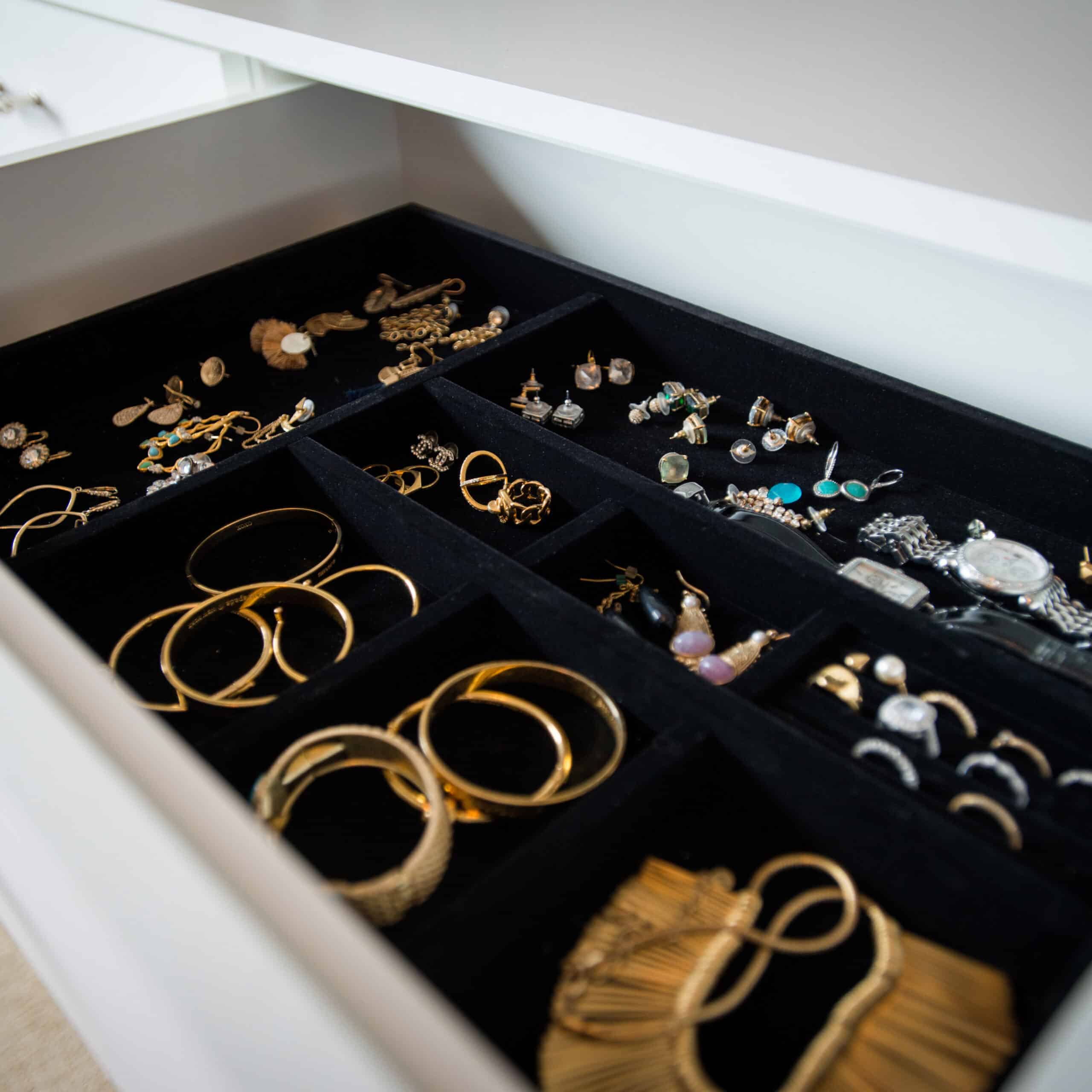 velvet lined drawer with jewelry